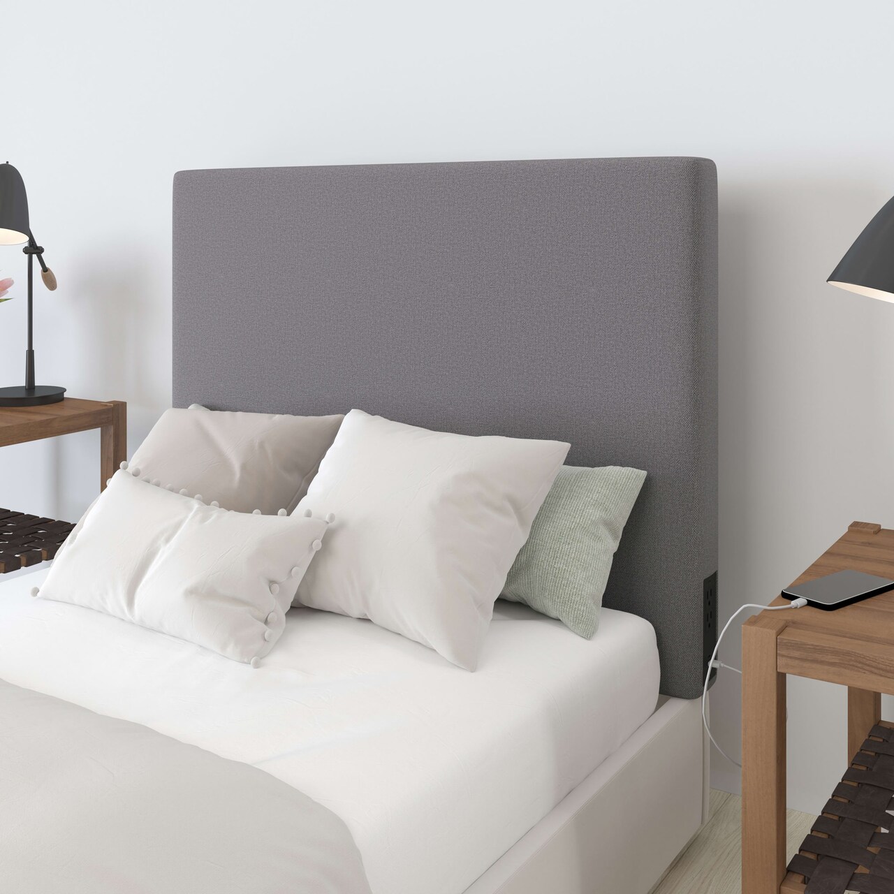 Merrick Lane Adnan Faux Linen Headboard with Stylish Upholstery, Dual Hanging Options, Charging Station with 2 Outlets, USB Port, USB-C Port